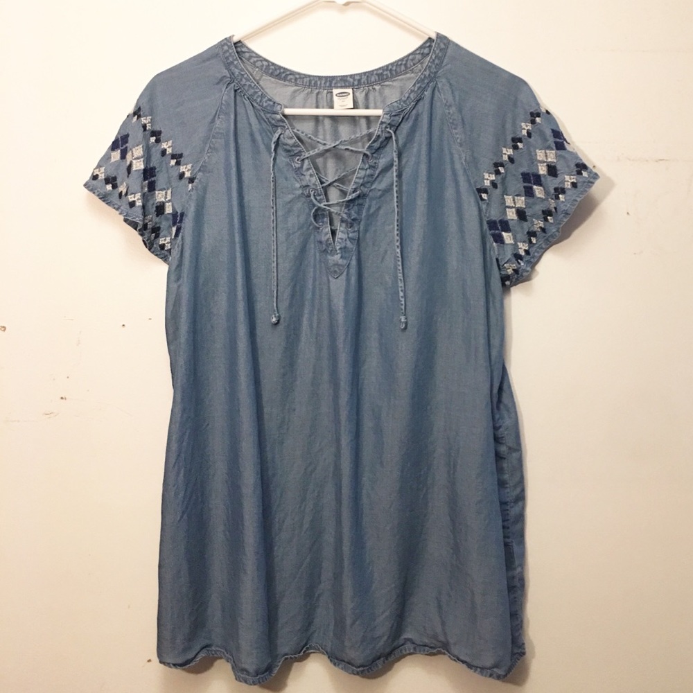 Jean Shirt with Navy Embroidery